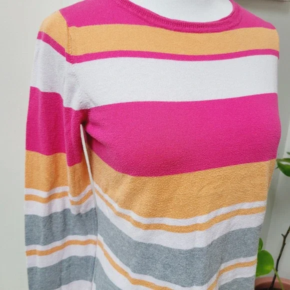 Title Nine Striped Knit Long Sleeve Crew Neck Pink Orange Gray Medium Sweater - Picture 2 of 5